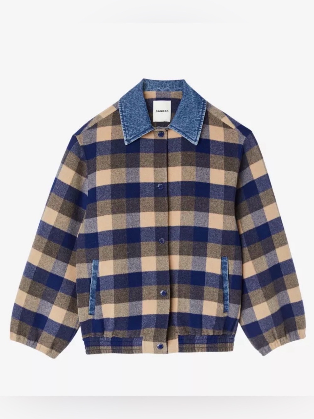 Sandro Jacket Warren Denim Blue Canel Plaid Contrast Collar Button Front Sz 36 - Picture 2 of 6
